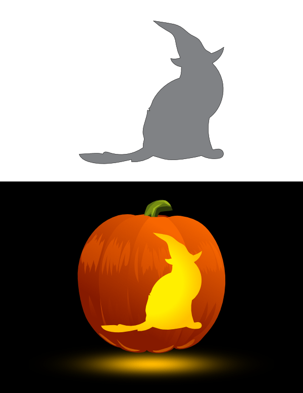 Printable Sitting Cat Wearing Witch Hat Pumpkin Stencil