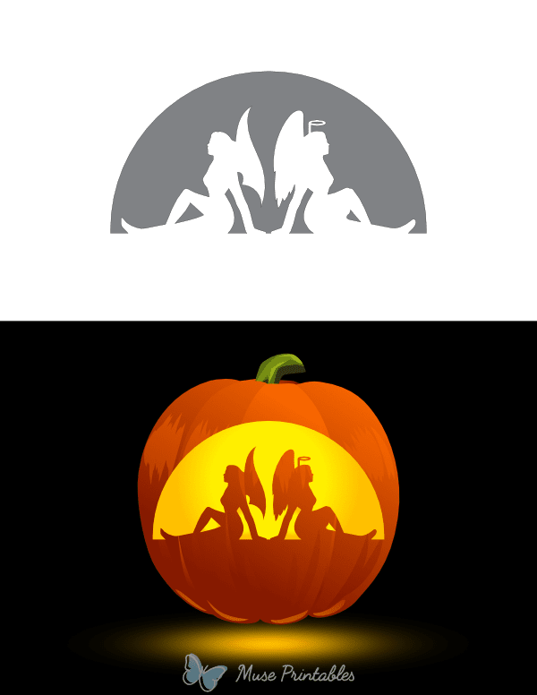 Sitting Female Angel and Devil Pumpkin Stencil