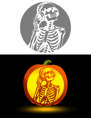 Skeleton Wearing Headphones Pumpkin Stencil