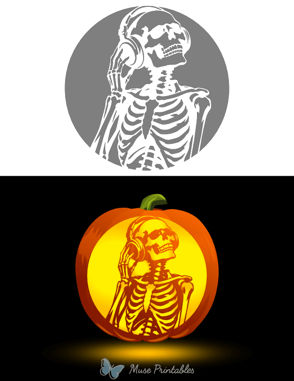 Skeleton Wearing Headphones Pumpkin Stencil