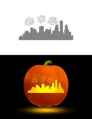 Skyline With Fireworks Pumpkin Stencil