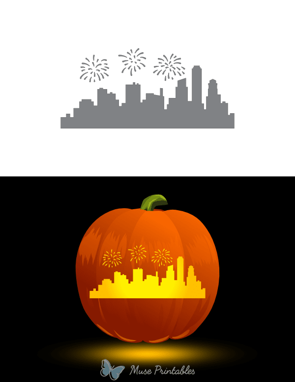 Skyline With Fireworks Pumpkin Stencil