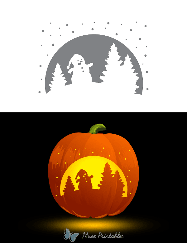 Snowman in a Snowy Scene Pumpkin Stencil