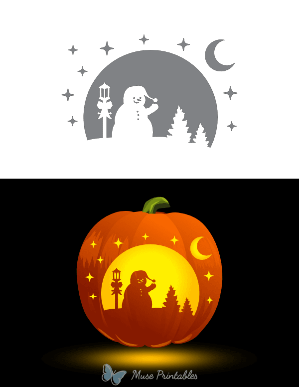 Snowman Night Scene Pumpkin Stencil