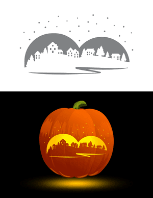 Snowy Village Scene Pumpkin Stencil