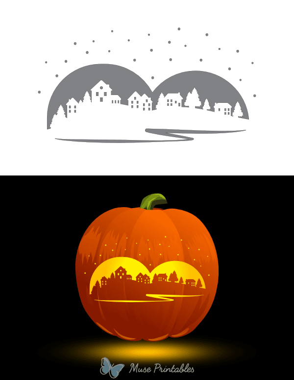 Snowy Village Scene Pumpkin Stencil