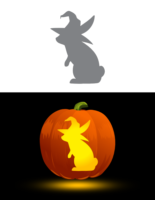 Standing Rabbit Wearing Witch Hat Pumpkin Stencil