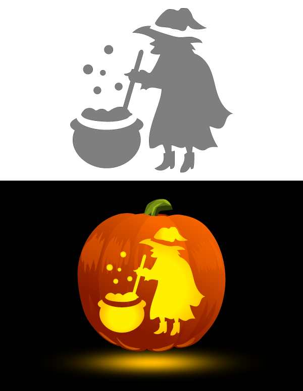Printable Standing Witch and Cauldron Pumpkin Stencil