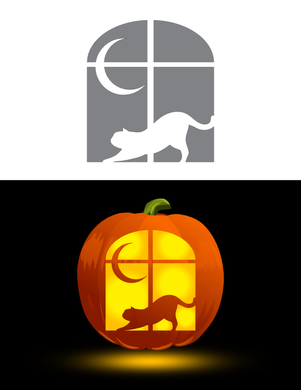 Stretching Cat and Moon in Window Pumpkin Stencil