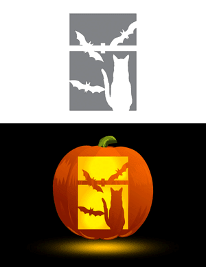 Three Bats and Cat in Window Pumpkin Stencil