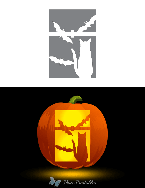 Three Bats and Cat in Window Pumpkin Stencil