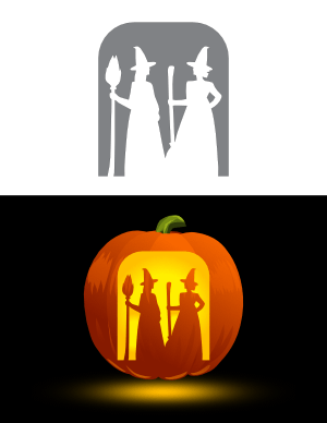 Two Witches with Brooms Pumpkin Stencil