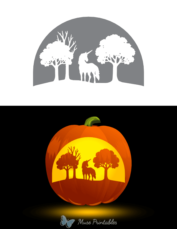 Unicorn Forest Scene Pumpkin Stencil