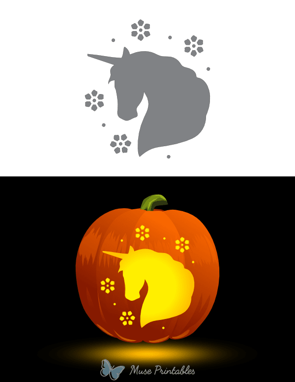 Unicorn Head and Flowers Pumpkin Stencil