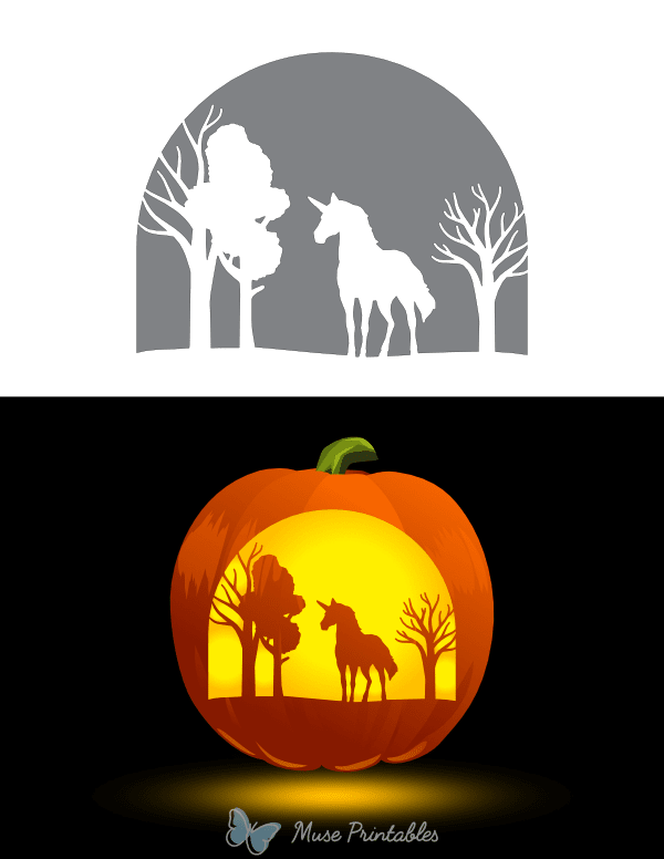 Unicorn in Winter Forest Pumpkin Stencil