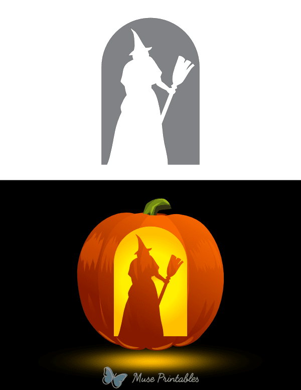 Victorian Witch Holding Broom Pumpkin Stencil