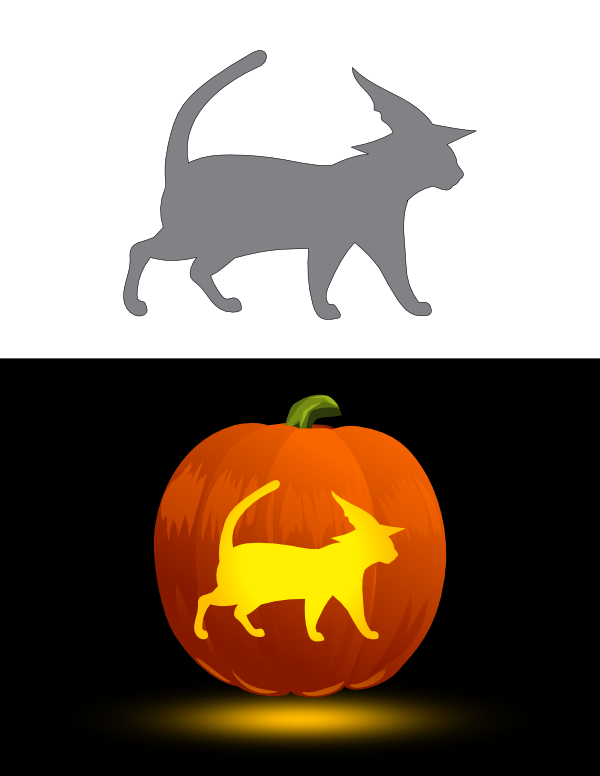 Printable Walking Cat Wearing Witch Hat Pumpkin Stencil