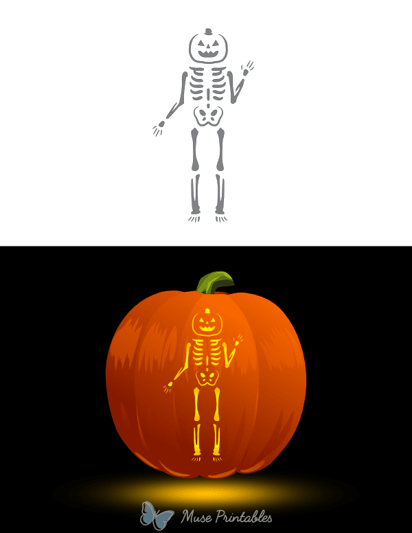 Waving Skeleton With Pumpkin Head Pumpkin Stencil