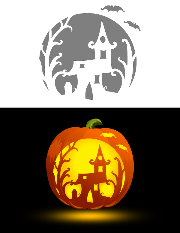 Printable Whimsical Haunted House Pumpkin Stencil