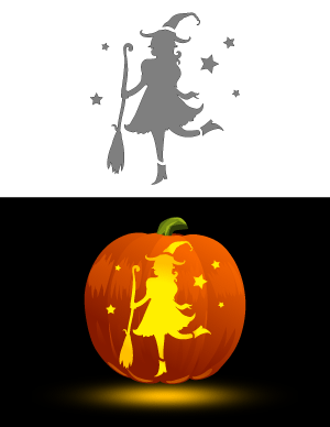 Whimsical Witch and Stars Pumpkin Stencil
