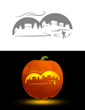 Winter Village Scene Pumpkin Stencil