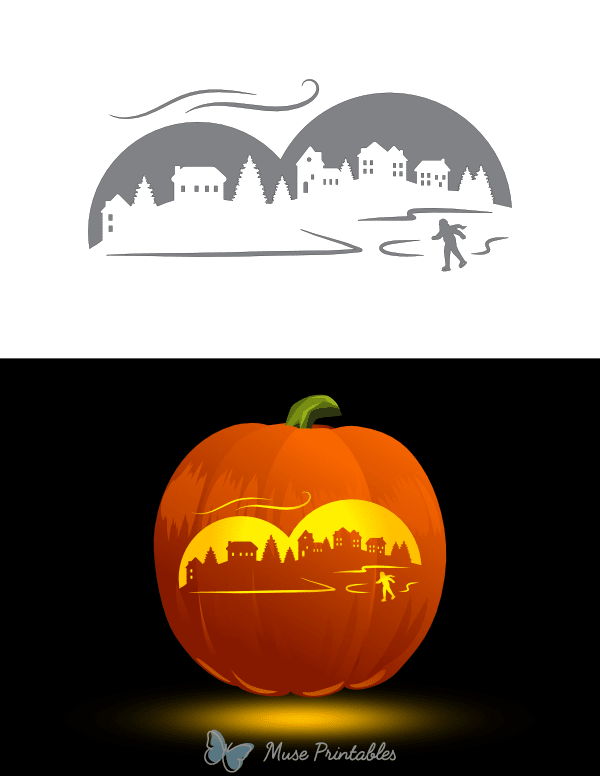 Winter Village Scene Pumpkin Stencil