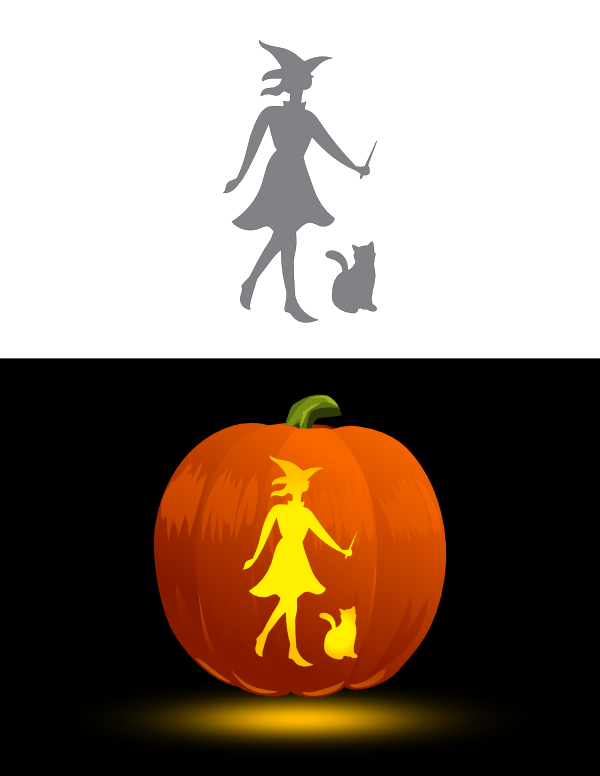 Witch and Cat Silhouette Pumpkin Stencil