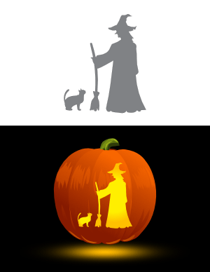 Witch with Broom and Cat Pumpkin Stencil