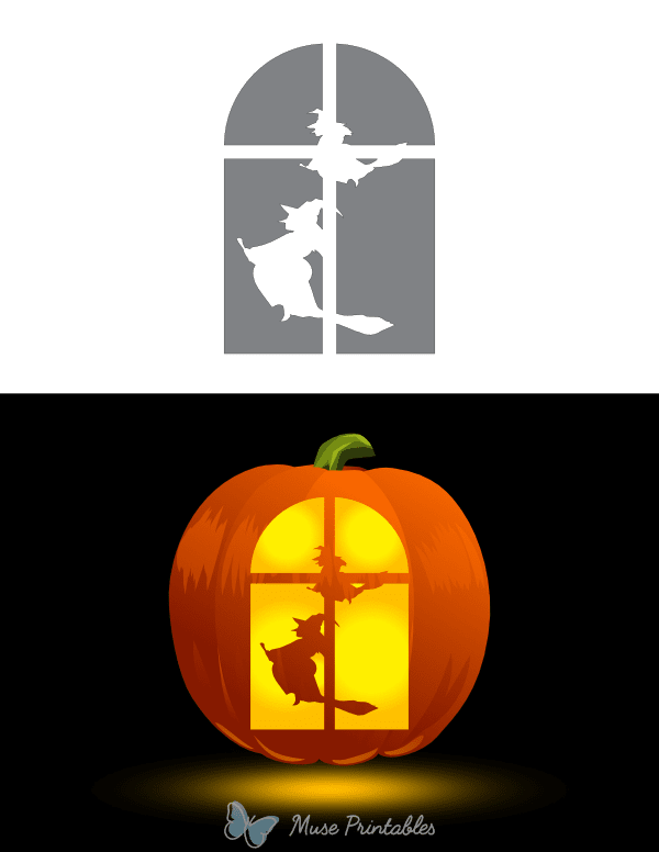 Witches Flying By Window Pumpkin Stencil