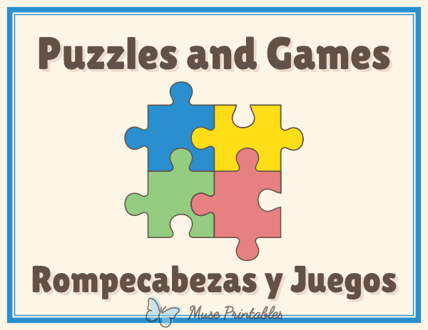 Bilingual Puzzles and Games Classroom Center Sign