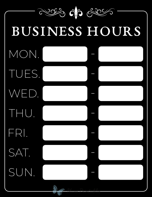 Printable Black and White Business Hours Sign