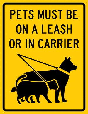 Pets Must Be on a Leash or in Carrier Sign