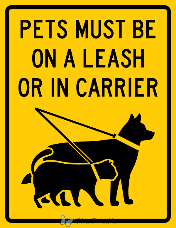 Pets Must Be on a Leash or in Carrier Sign