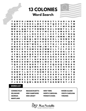 13 Colonies Word Search