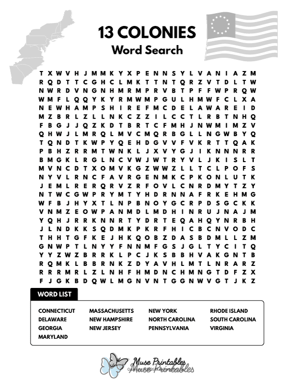 13 Colonies Word Search