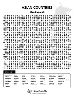 Asian Countries Word Search