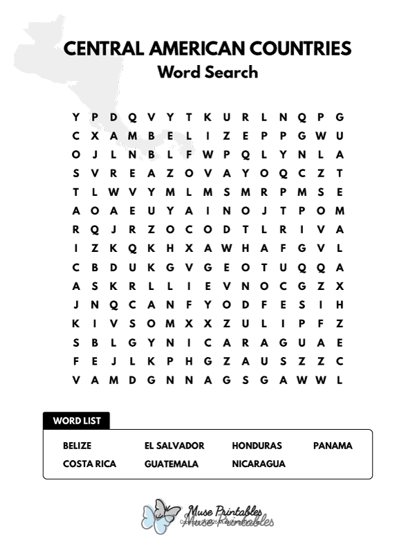 Central American Countries Word Search