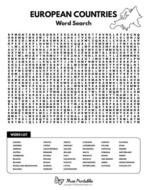 European Countries Word Search