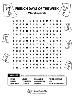 French Days of the Week Word Search