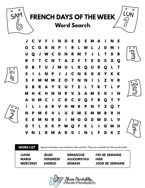 French Days of the Week Word Search