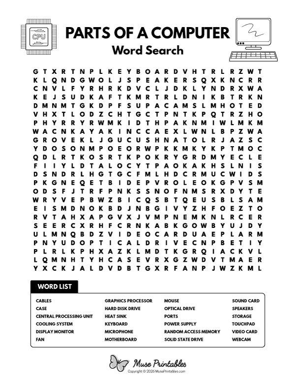 Parts of a Computer Word Search