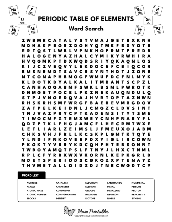 Periodic Table of Elements Word Search