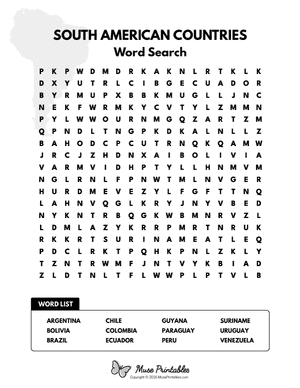 South American Countries Word Search