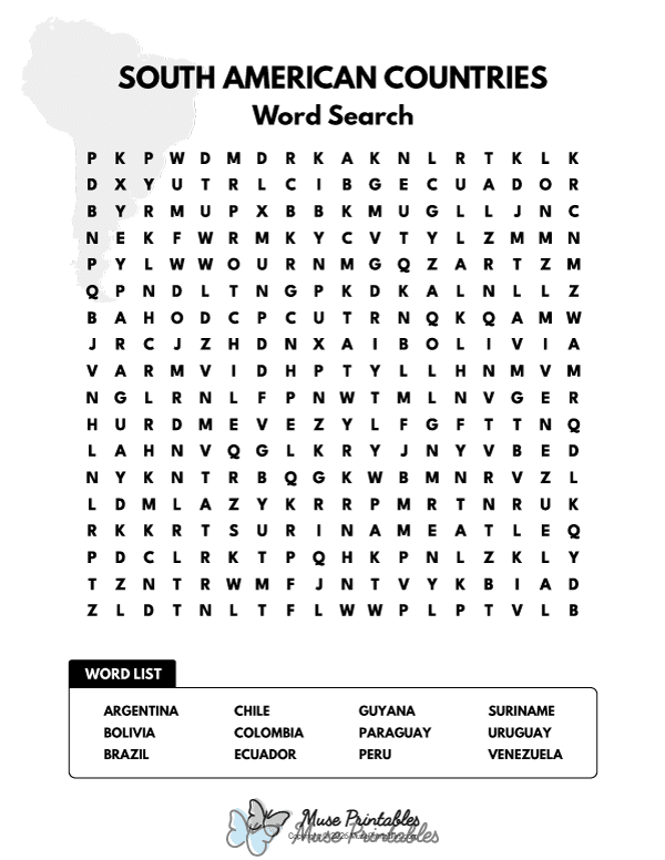 South American Countries Word Search