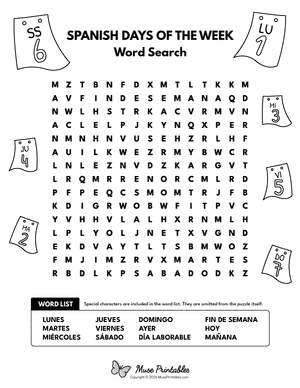 Spanish Days of the Week Word Search