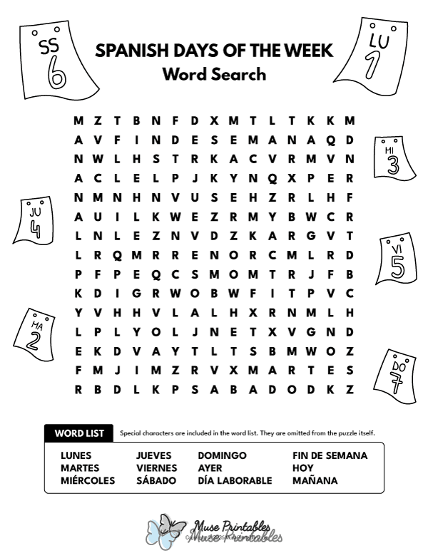 Spanish Days of the Week Word Search