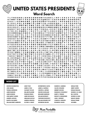 Us Presidents Word Search